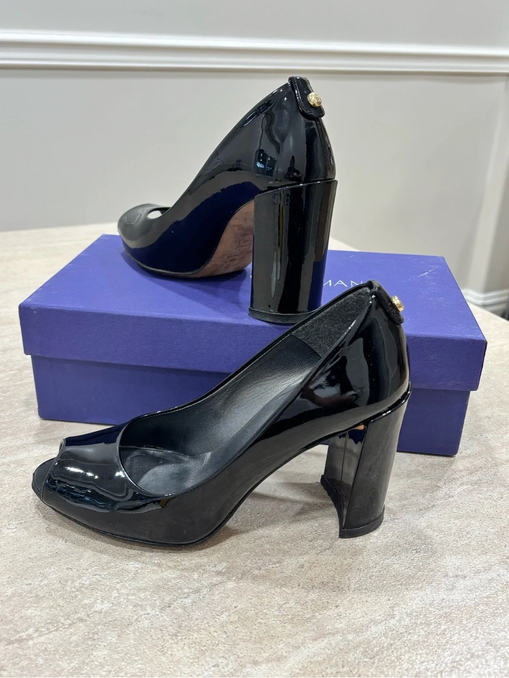 Stuart Weitzman Black Patent Leather Peep-Toe  Pumps